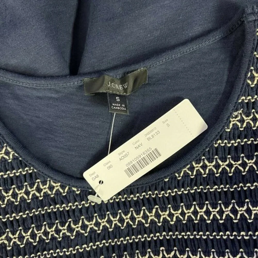 J Crew Puff-sleeve T-shirt Smocked Yoke Short Sleeve Round Neck Navy Women S NWT